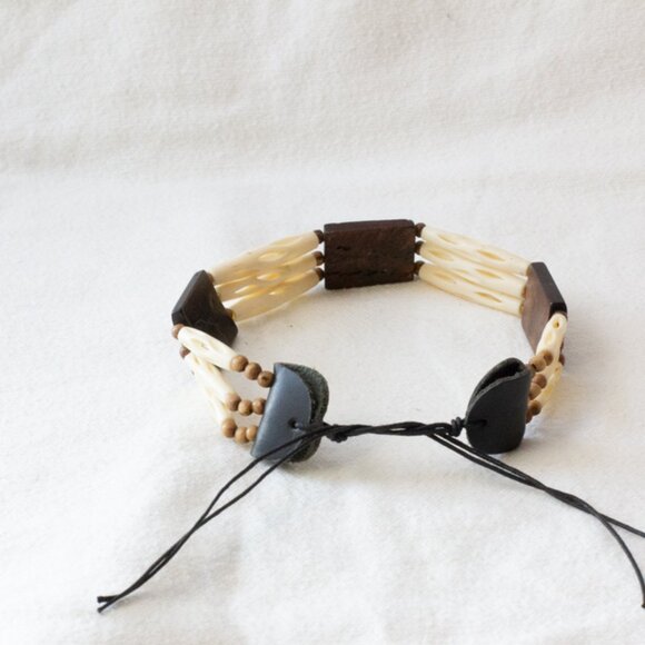 Vgt Native American Hairpipe Tribal Buffalo Bone Choker Necklace Wood & Bead 11" - Picture 3 of 9